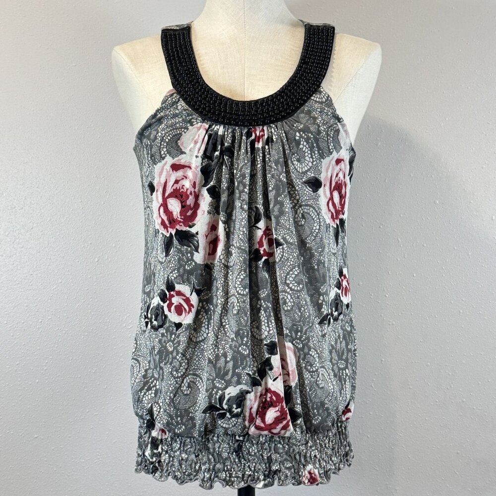 Maurices Gray Pink Floral Sleeveless Beaded Neckline Top Lined Keyhole Sz Medium